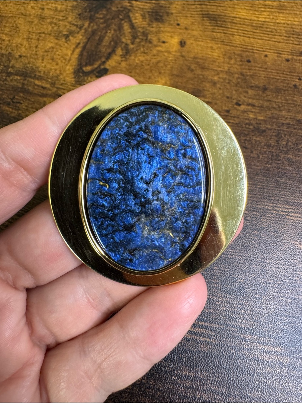 Vintage Gold Oval Brooch with Deep Blue Stone